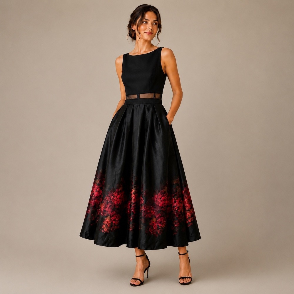 Betsy & Adam Womens Black Red Floral Mesh Waist Pleated Midi Formal Dress Size 8 - Picture 1 of 10